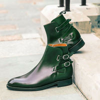 Handmade Men's Ankle High Boot, Men's Green Color Leather Buckle Casual Boot. - Thumbnail 4