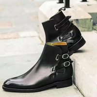 Handmade Men's Ankle High Boot, Men's Green Color Leather Buckle Casual Boot. - Thumbnail 1