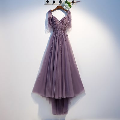 Purple v neck tulle lace long prom dress - Thumbnail 5