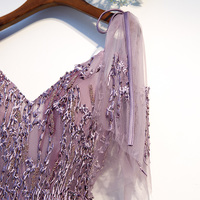 Purple v neck tulle lace long prom dress - Thumbnail 1