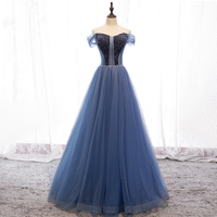 Blue tulle beads long prom dress formal gown - Thumbnail 1