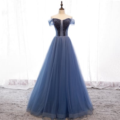 Blue tulle beads long prom dress formal gown - Thumbnail 5
