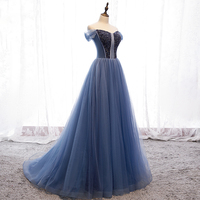 Blue tulle beads long prom dress formal gown - Thumbnail 3