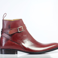 Handmade Men's Burgundy Leather Half Ankle Jodhpurs Boots - Thumbnail 1