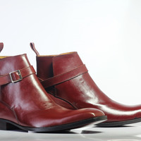 Handmade Men's Burgundy Leather Half Ankle Jodhpurs Boots - Thumbnail 2