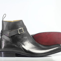 Handmade Men's Black Leather Half Ankle Jodhpurs Boots - Thumbnail 1
