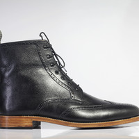 Handmade Men's Black Ankle High Wing Tip Brogue Leather Lace Up Boots - Thumbnail 2