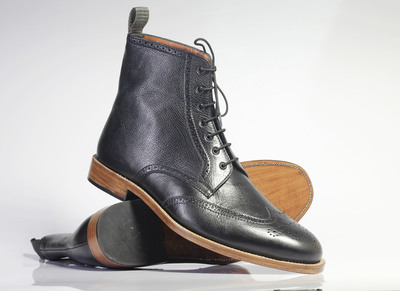 Handmade Men's Black Ankle High Wing Tip Brogue Leather Lace Up Boots