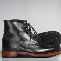 Handmade Men's Black Ankle High Chukka Leather Lace Up Boots - Thumbnail 1