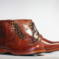Handmade Men's Brown Ankle High Chukka Leather Lace Up Boots - Thumbnail 2