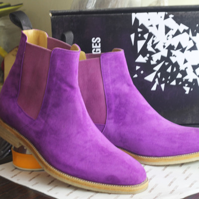 Handmade men's purple ankle high chelsea suede boots - Thumbnail 1