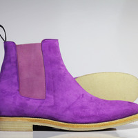 Handmade Men's Purple Ankle High Chelsea Suede Boots - Thumbnail 1