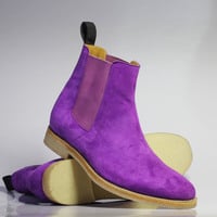 Handmade Men's Purple Ankle High Chelsea Suede Boots - Thumbnail 2