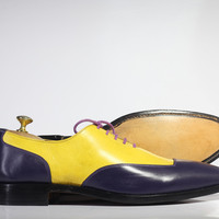 Handmade 2 Tone Square Toe Lace Up Leather Shoes For Men's - Thumbnail 2