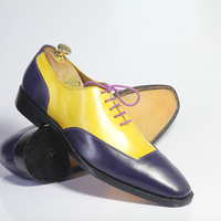 Handmade 2 Tone Square Toe Lace Up Leather Shoes For Men's - Thumbnail 3