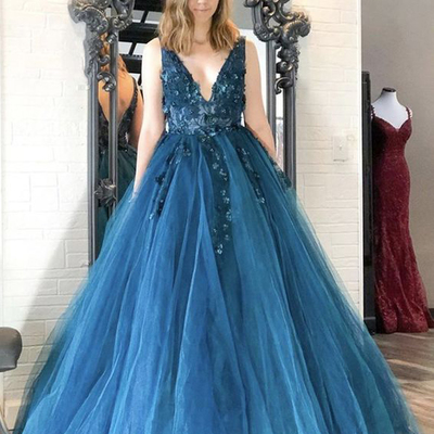 Charming ball gown v neck open back teal tulle long prom dresses with appliques,quinceanera dresses,pageant dresses,girls junior graduation gown - Thumbnail 4