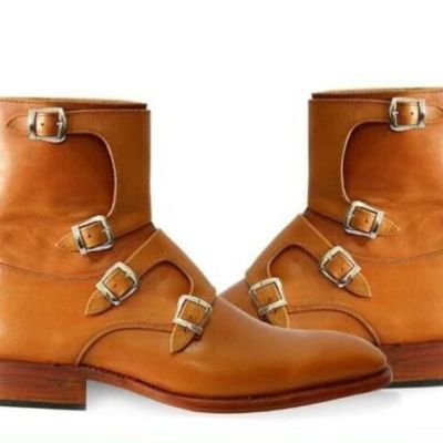 Handmade men brown tetra-monk strap pure leather half-long boots, mens boots - Thumbnail 4