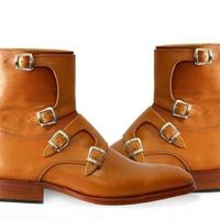 Handmade Men Brown Tetra-Monk Strap Pure Leather Half-long Boots, Mens boots - Thumbnail 4