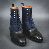 Handmade Men's Ankle High Black Navy Blue Cap Toe Leather Suede Lace Up Boots - Thumbnail 4