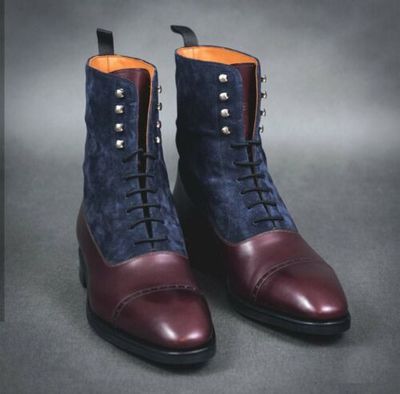 Handmade Men's Ankle High Maroon Navy Blue Cap Toe Leather Suede Lace Up Boots