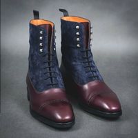 Handmade Men's Ankle High Maroon Navy Blue Cap Toe Leather Suede Lace Up Boots - Thumbnail 1