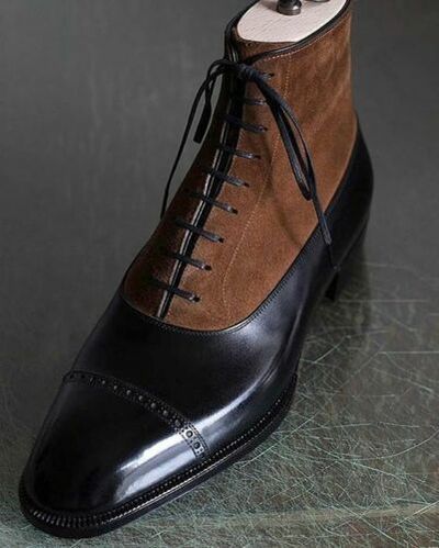 Handmade Men’s Brown Black Color Lace Up Boots, Leather & Suede High Ankle Boots