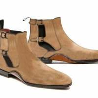 Beige Suede Chelsea Boot Men's Fashion Beige Suede Leather Double Buckle Chelsea - Thumbnail 4