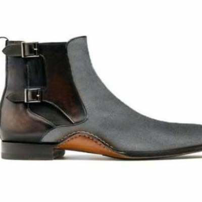 Two tone chelsea boot men's fashion grey suede brown leather double buckle boot - Thumbnail 5