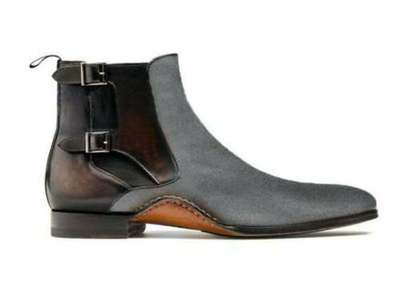 Two Tone Chelsea Boot Men's Fashion Grey Suede Brown Leather Double Buckle Boot