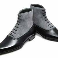 Two Tone Ankle High Boot Men's Fashion Grey Suede & Black Leather Lace-up Ankle - Thumbnail 1