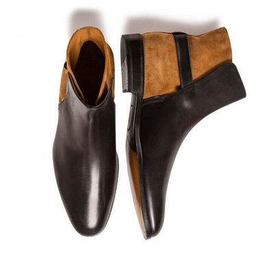 Men's high ankle jodhpur two tone tan brown cont derby toe genuine leather boots - Thumbnail 3