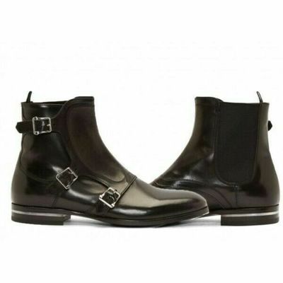 Men Black Monk Triple Buckle Straps Derby Toe High Ankle Leather Handmade Boots