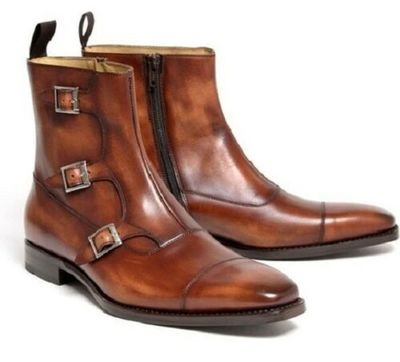 Men Brown Monk Triple Buckle Straps Cap Toe Side Zipper High Ankle Leather Boots