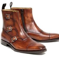 Men Brown Monk Triple Buckle Straps Cap Toe Side Zipper High Ankle Leather Boots - Thumbnail 4