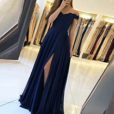 A line off the shoulder v-neck chiffon long lace applique prom dress with slit - Thumbnail 4