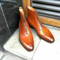 Handmade Men's Tan Wing Tip Lace up Ankle Dress Boots, Men Leather Ankle Boot - Thumbnail 1
