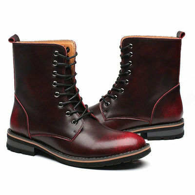 Red maroon color high ankle cowhide leather lace up burnished derby toe boots - Thumbnail 4