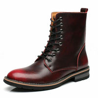 Red Maroon Color High Ankle Cowhide Leather Lace Up Burnished Derby Toe Boots - Thumbnail 2