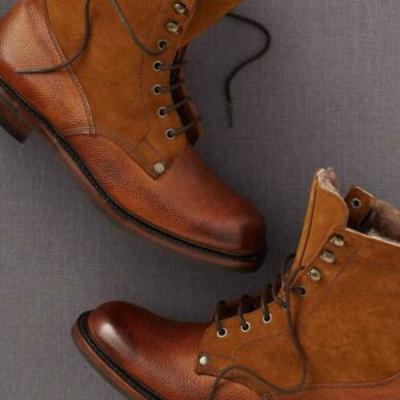 Rounded burnished derby toe high ankle brown color genuine leather lace up boots - Thumbnail 2
