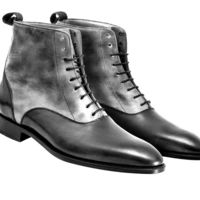 Two Tone Gray Black Cont Genuine Leather Derby Cap Toe High Ankle Lace up Boots - Thumbnail 4