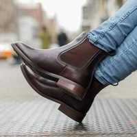 Handmade Men's Chocolate Brown Ankle Chelsea Leather Boot - Thumbnail 1