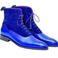 New Handmade Pure Blue Suede & Leather Ankle Boots for Men's - Thumbnail 1