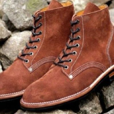 Handmade men’s brown color lace up boots, suede leather high ankle derby boots - Thumbnail 5