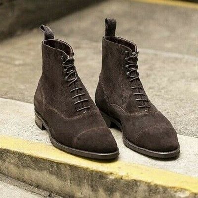 Men coffee brown suede ankle boots, men cap toe boots - Thumbnail 5
