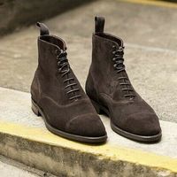 MEN COFFEE BROWN SUEDE ANKLE BOOTS, MEN CAP TOE BOOTS - Thumbnail 4
