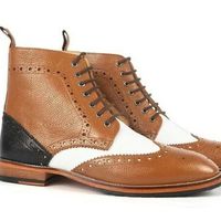 Men's Handmade Wing tip Ankle Boots Men's Brown White Leather Boots - Thumbnail 1