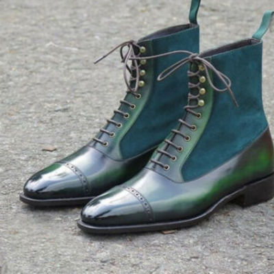 Handmade leather suede cap toe boot men's lace up green ankle boot, - Thumbnail 5