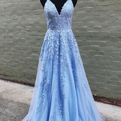 Straps blue tulle long prom dresses with appliques - Thumbnail 3