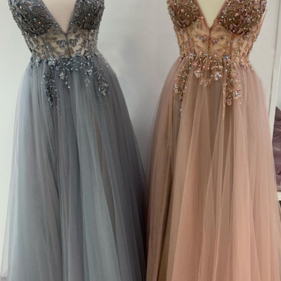 Sexy v-neck a line tulle beading long prom dresses with side slit - Thumbnail 4
