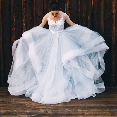 Sky blue spaghetti straps tulle prom dresses with lace - Thumbnail 5